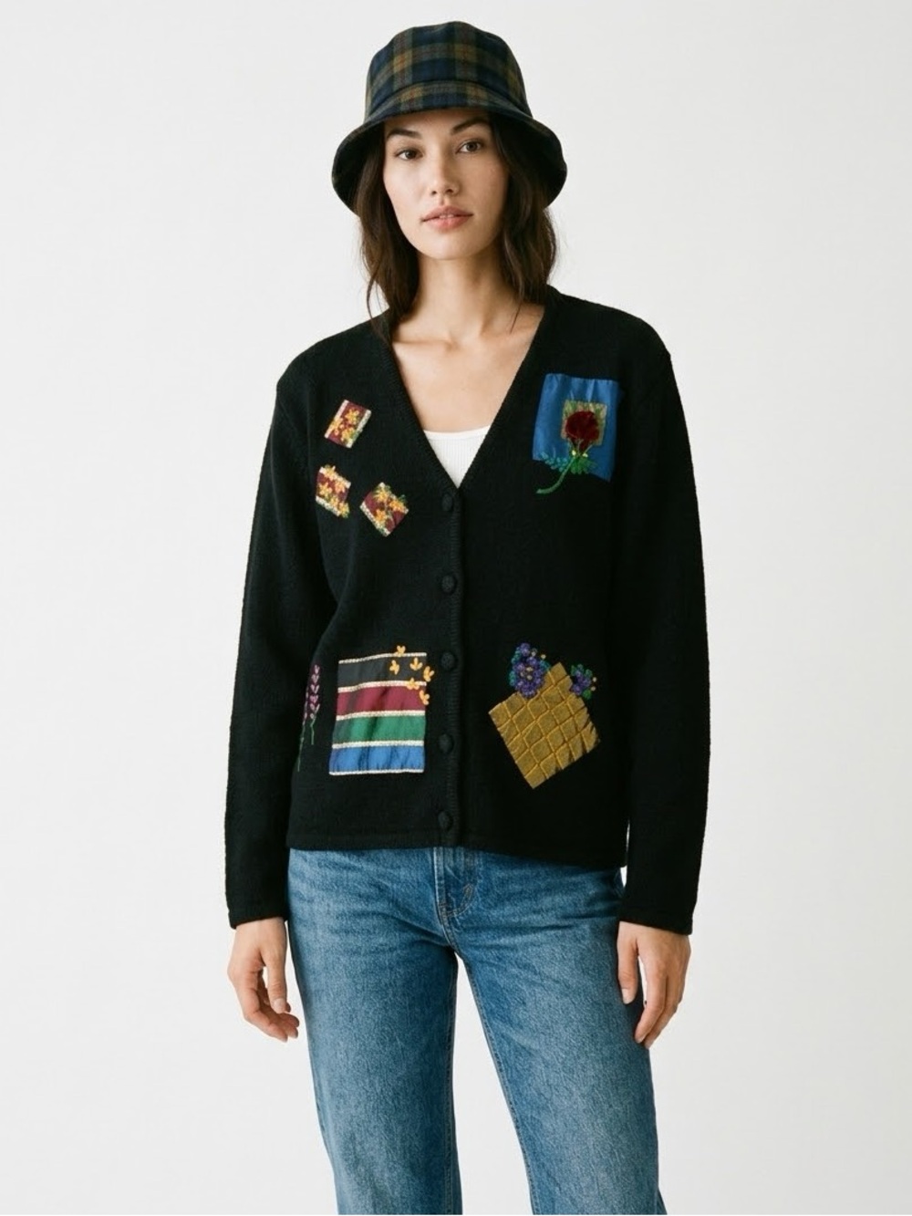 Vtg 90s Susan Bristol Hand Embroidered Floral Patchwork Cardigan Sweater Medium